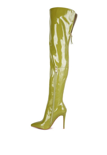 Eclectic Neon Green Patent Leather Stiletto High Heel Boots