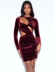 Burgundy Velvet Cutout Long Sleeve Dress