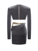 Load image into Gallery viewer, Florence Grey Deep V Cutout Velvet Dress with Gold Chain
