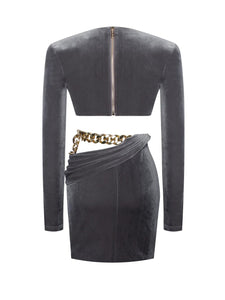 Florence Grey Deep V Cutout Velvet Dress with Gold Chain