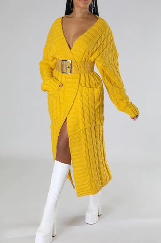 Winter Style Yellow Cable Knit Long Sleeve Maxi Cardigan