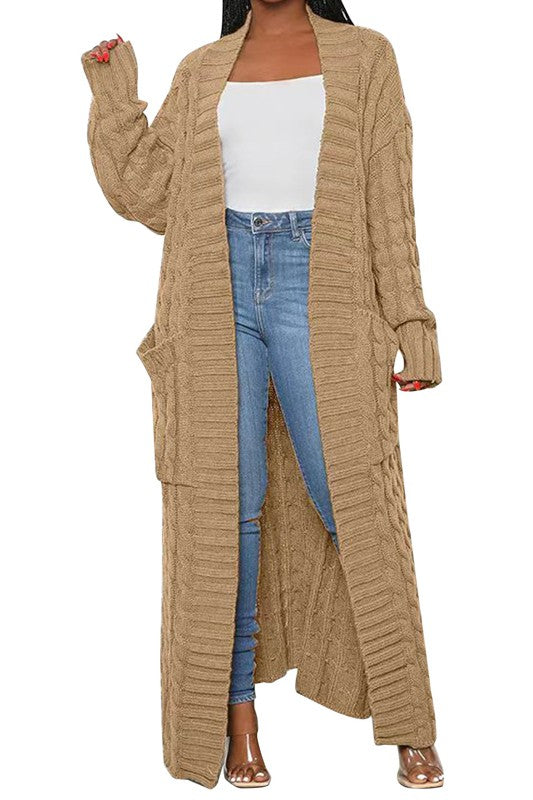 Winter Style Khaki Cable Knit Long Sleeve Maxi Cardigan