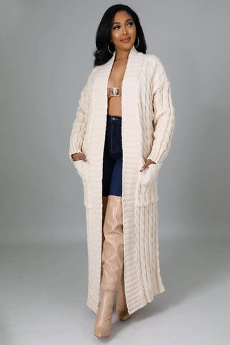 Winter Style Cream Cable Knit Long Sleeve Maxi Cardigan