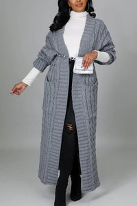 Winter Style Khaki Cable Knit Long Sleeve Maxi Cardigan