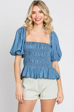 Load image into Gallery viewer, Denim Smocked Peplum Top