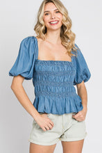 Load image into Gallery viewer, Denim Smocked Peplum Top