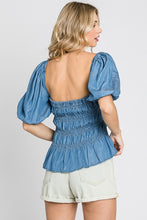 Load image into Gallery viewer, Denim Smocked Peplum Top