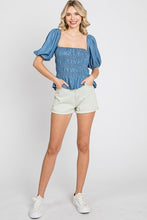 Load image into Gallery viewer, Denim Smocked Peplum Top