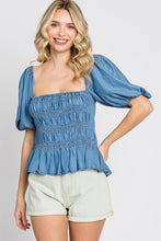 Load image into Gallery viewer, Denim Smocked Peplum Top