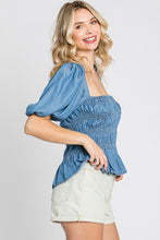 Load image into Gallery viewer, Denim Smocked Peplum Top