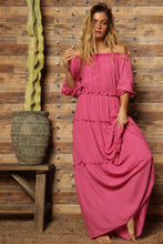 Load image into Gallery viewer, Boho Black Ruffled Tiered Off Shoulder Maxi Dress