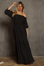 Load image into Gallery viewer, Boho Black Ruffled Tiered Off Shoulder Maxi Dress