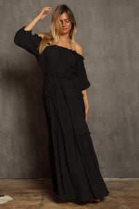 Boho Black Ruffled Tiered Off Shoulder Maxi Dress