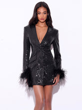 Load image into Gallery viewer, Beauty Classic Black Feather Trim Blazer Dress