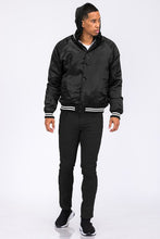 Load image into Gallery viewer, Men&#39;s Satin Black Varsity Bomber Jacket w/Hood