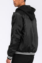 Load image into Gallery viewer, Men&#39;s Satin Black Varsity Bomber Jacket w/Hood