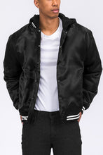 Load image into Gallery viewer, Men&#39;s Satin Black Varsity Bomber Jacket w/Hood