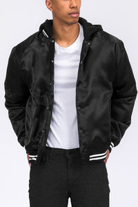 Men's Satin Black Varsity Bomber Jacket w/Hood