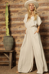 Chic Casual Beige Short Sleeve Slit Leg Jumpsuit