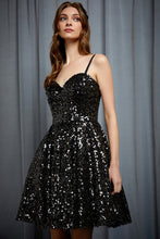 Load image into Gallery viewer, Babydoll Black/Gold Sweetheart Sequin Sleeveless Dress