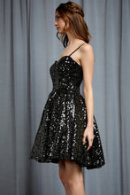 Load image into Gallery viewer, Babydoll Black/Gold Sweetheart Sequin Sleeveless Dress
