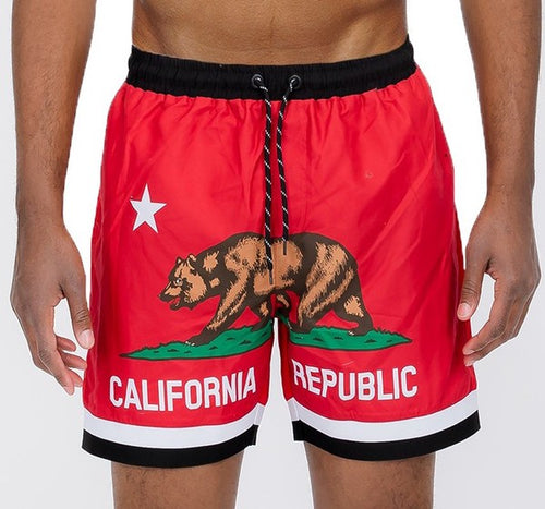 Men's Red California CA Bear Swim Trunks Board Shorts