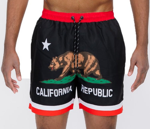 Men's Black California CA Bear Swim Trunks Board Shorts