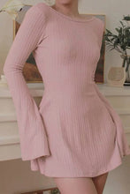 Load image into Gallery viewer, Bell Sleeve Beige Knitted Long Sleeve U Shaped Backless Mini Dress