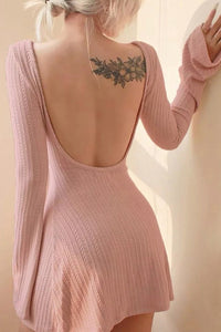 Bell Sleeve Pink Knitted Long Sleeve U Shaped Backless Mini Dress