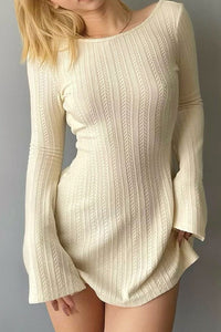 Bell Sleeve Beige Knitted Long Sleeve U Shaped Backless Mini Dress