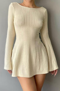 Bell Sleeve Pink Knitted Long Sleeve U Shaped Backless Mini Dress