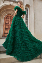 Load image into Gallery viewer, Rouge Tulle Emerald Green Casading Off Shoulder Gown