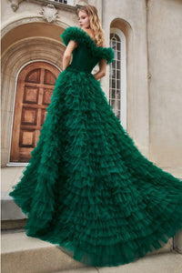 Rouge Tulle Emerald Green Casading Off Shoulder Gown