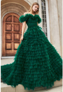 Rouge Tulle Emerald Green Casading Off Shoulder Gown