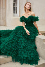 Load image into Gallery viewer, Rouge Tulle Emerald Green Casading Off Shoulder Gown