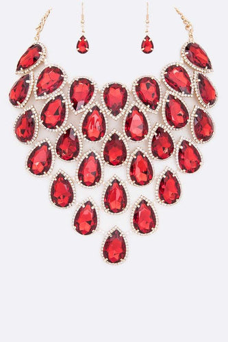 Crystal Teardrop Red/Gold Statement Bib Necklace Set