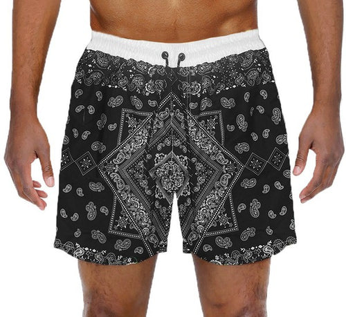 Men's Black Paisley Bandana Print Swimming Shorts