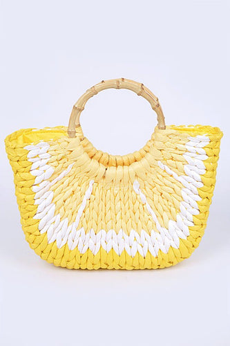 Faux Straw Lemon Yellow Bamboo Handle Summer Tote