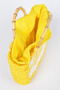 Faux Straw Lemon Yellow Bamboo Handle Summer Tote