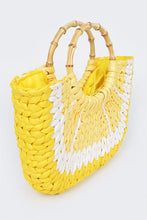 Load image into Gallery viewer, Faux Straw Lemon Yellow Bamboo Handle Summer Tote