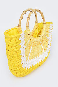 Faux Straw Lemon Yellow Bamboo Handle Summer Tote