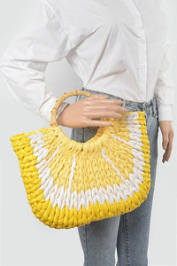 Faux Straw Lemon Yellow Bamboo Handle Summer Tote