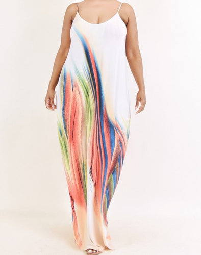 Plus Size White Brushed Paint Sleeveless Maxi Dress