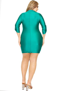 Plus Size Green Stretch Satin 3/4 Sleeve Shirt Dress