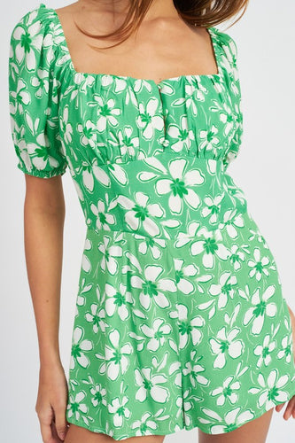 Bubble Sleeve Green Floral Cut Out Shorts Romper