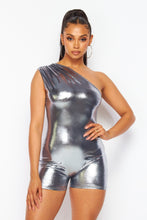 Load image into Gallery viewer, Silver Metallic One Shoulder Shorts Romper