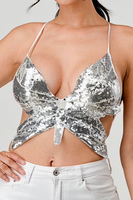 Silver Sequin Butterfly Lace Up Top
