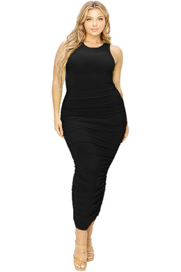 Plus Size Sleeveless Black Ruched Stretch Bodycon Maxi Dress