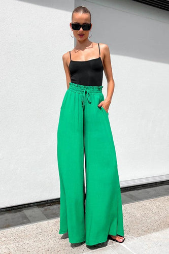 Bamboo Green Ruffled High Waist Wide Leg Pants