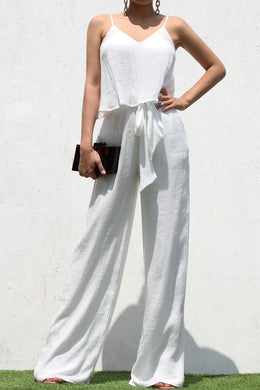 Chic White Sleeveless Layered Belted Jumpsuit
